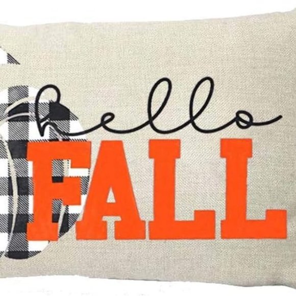Hello Fall Black & White Plaid Pumpkin Square Throw Pillow Cover 12" x 20" - Picture 3 of 4